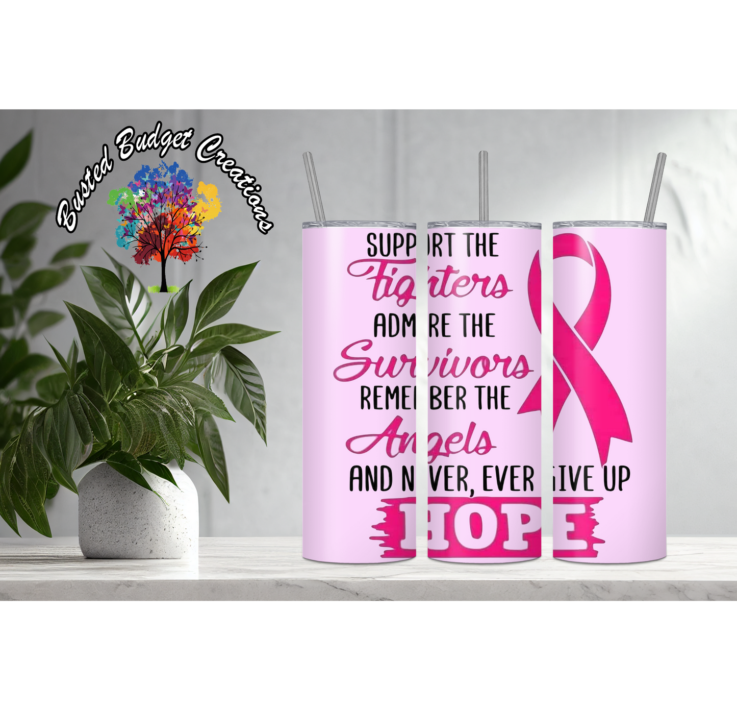 Breast Cancer - Fighters, Survivors, Angels, Hope Tumbler