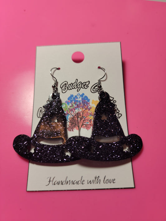 Black glitter witches hat earrings