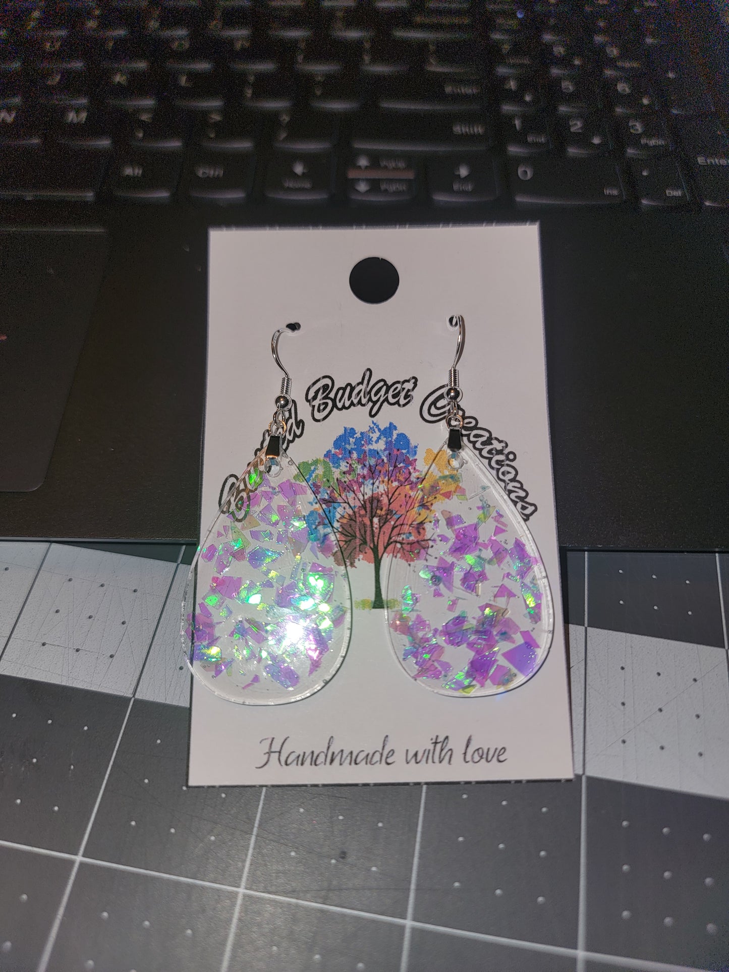 Holo purple, blue, green teardrop earring