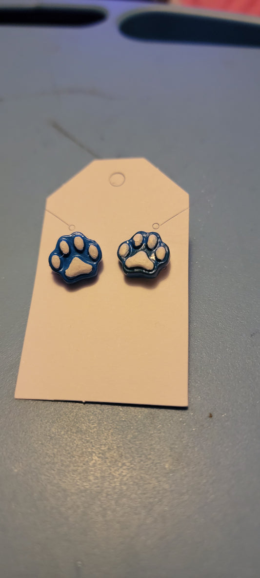 Blue with white paw print Polymer clay earrings