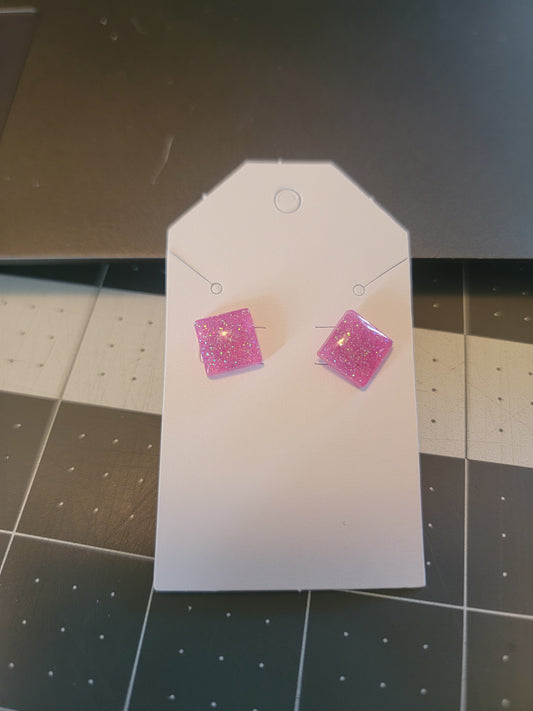 Pink glitter square stud earrings