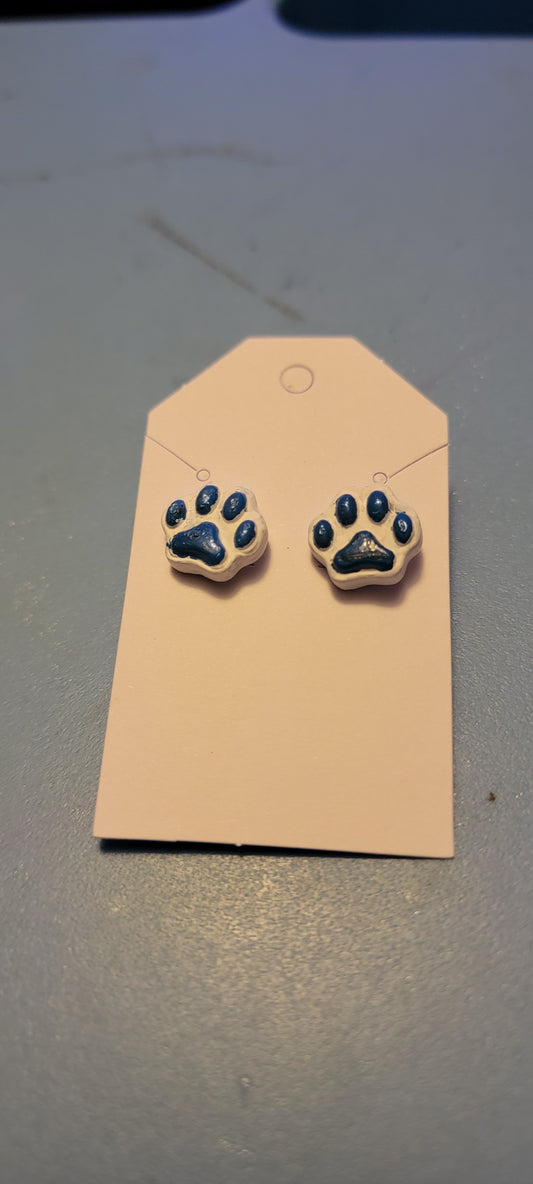 White Blue paw print Polymer clay earrings