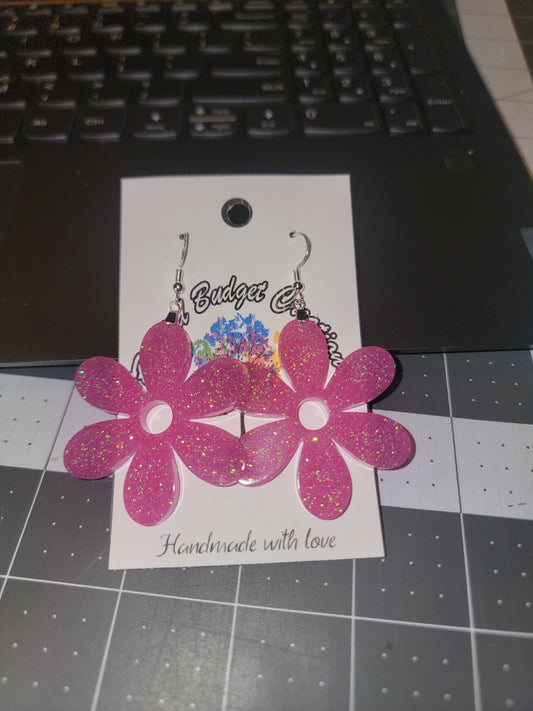 Pink glitter daisy earrings