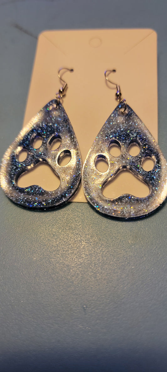 Blue glitter paw print earrings